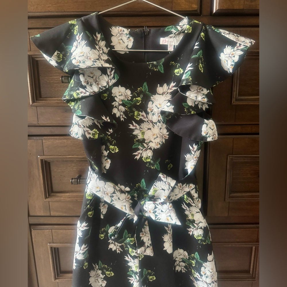 GB Girls Black Floral Tie Waist Ruffle Sleeve Wide Leg Jumpsuit 12 EUC - Picture 9 of 11